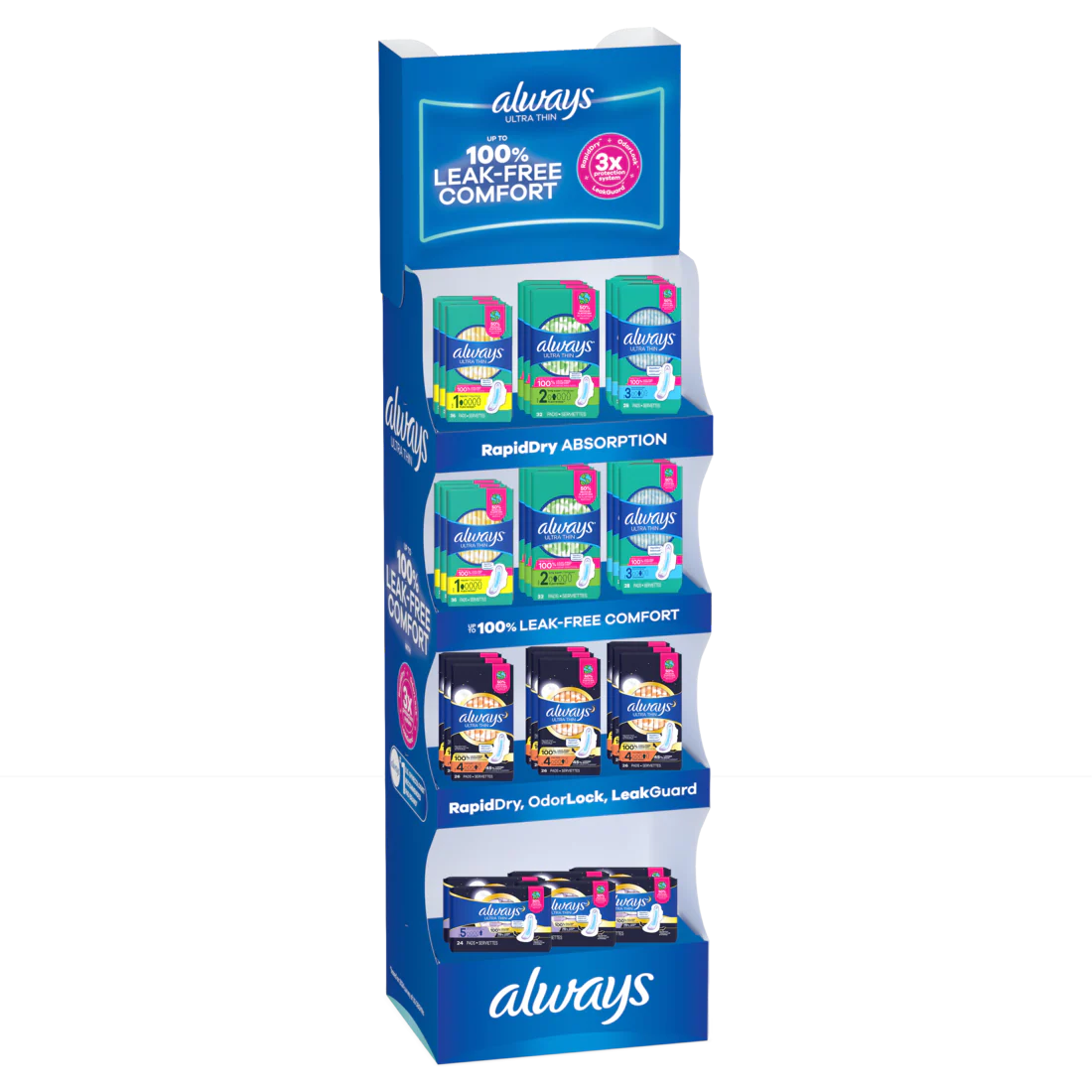 Always Ultra Pads Display (6x28ct Size 3 Extra Long; 6x36ct Size 1 Regular; 9x26ct Size 4 Overnight; 6x24ct Size 5 Extra Heavy Overnight; 6x32ct Size 2 Long) - (24-36)ct/33pk