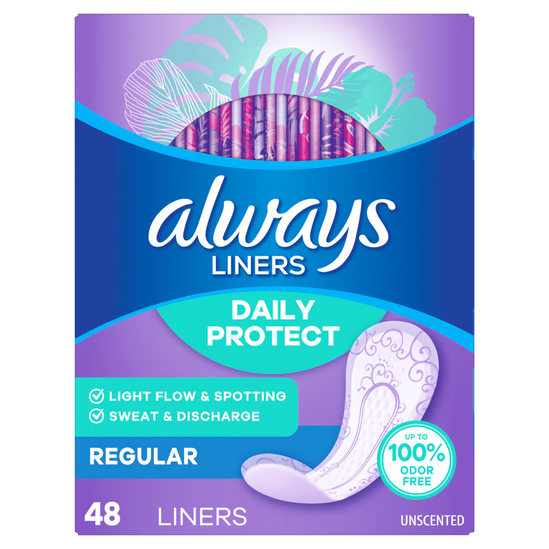 Always Daily Protect Liners Regular Length Unscented Panty Liners - 48ct/5pk