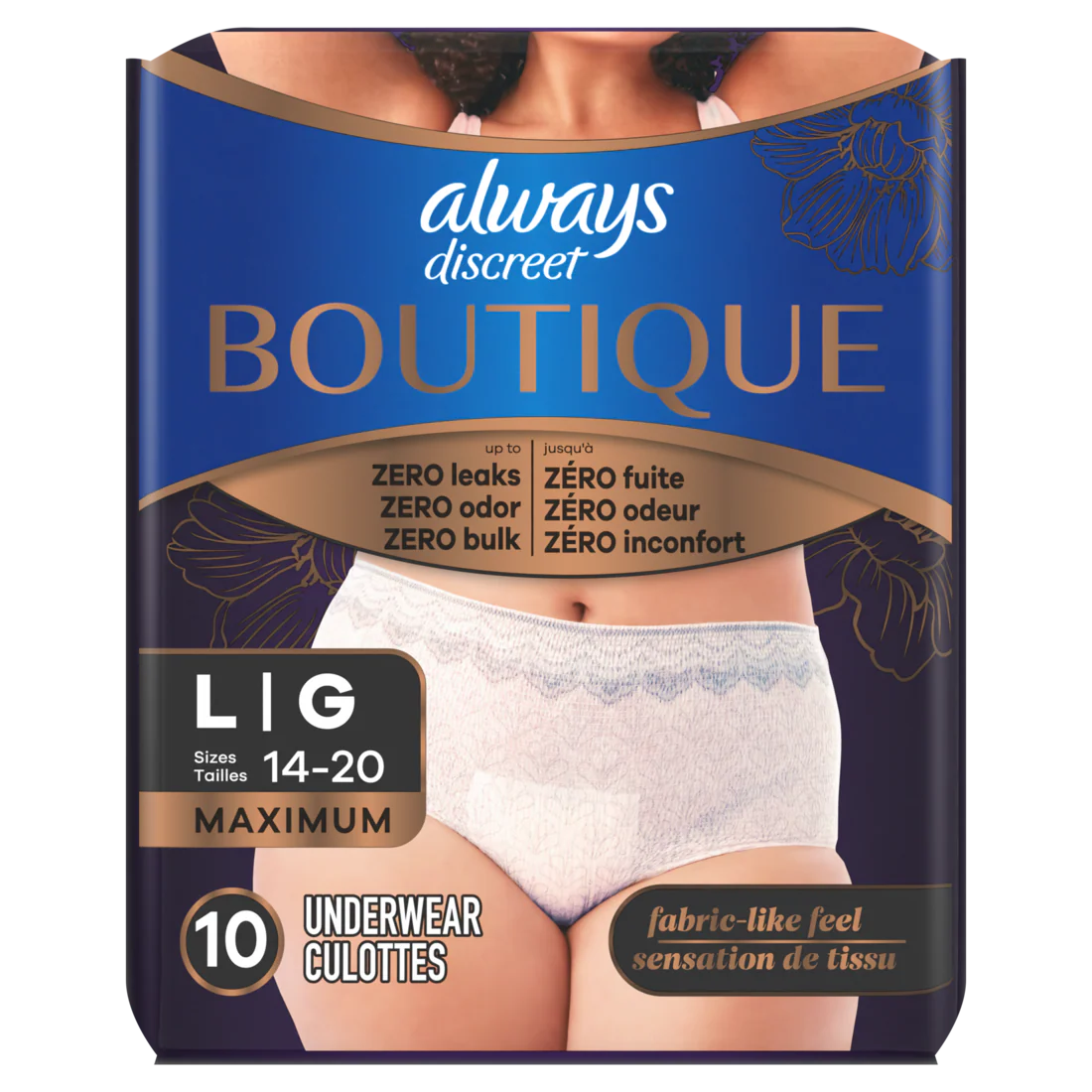 Always Discreet Boutique Incontinence And Postpartum Underwear For Women Maximum Protection L Rosy 10 - 10ct/2pk