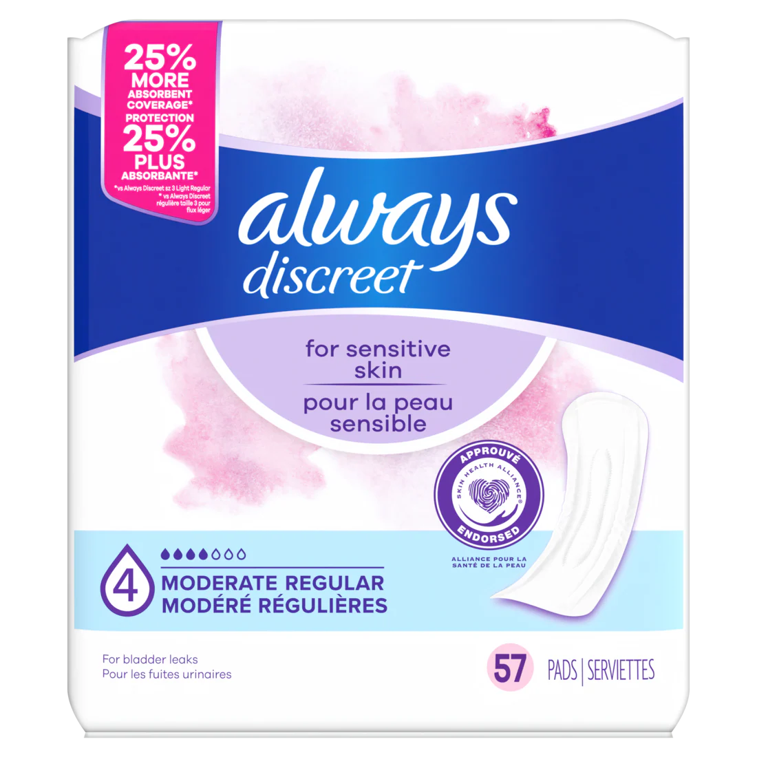 Always Discreet Incontinence Pads For Women With Bladder Leaks Sensitive Skin Pads Moderate Absorbency Regular Length - 57ct/3pk