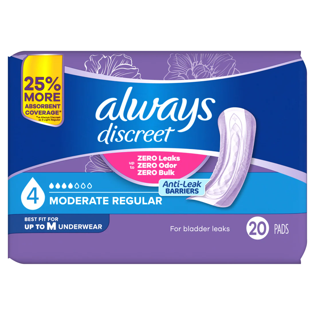 Always Discreet Adult Incontinence Pads For Women Moderate Absorbency Regular Length Postpartum Pads Size 4 - 20ct/3pk