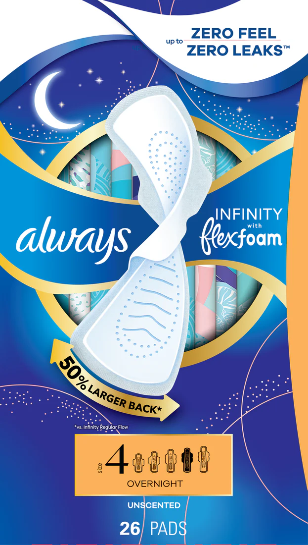 Always Infinity Feminine Pads For Women Size 4 Overnight With Wings Unscented - 26ct/6pk