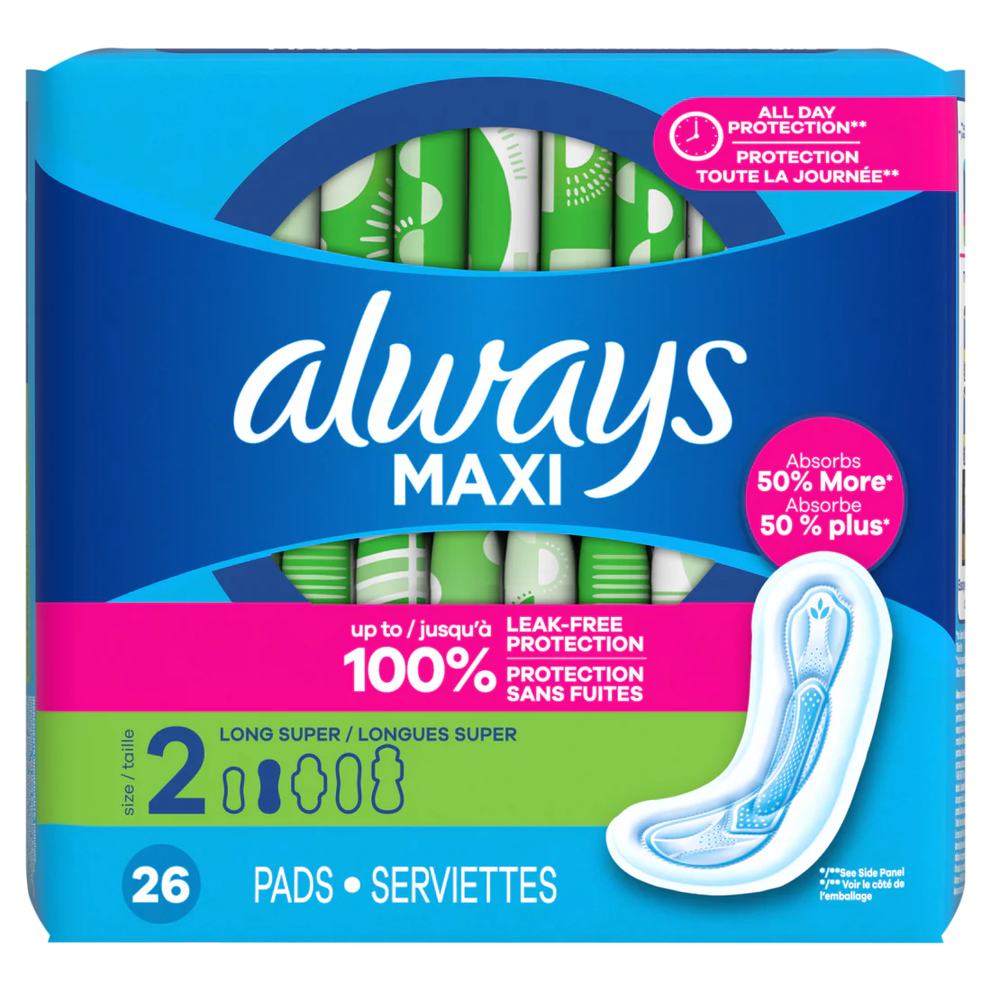 Always Maxi Feminine Pads Without Wings For Women Size 2 Long Super Absorbency Unscented - 26ct/6pk