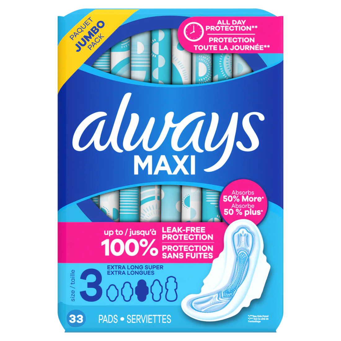 Always Maxi Feminine Pads With Wings For Women Size 3 Extra Long Super Absorbency Unscented - 33ct/3pk