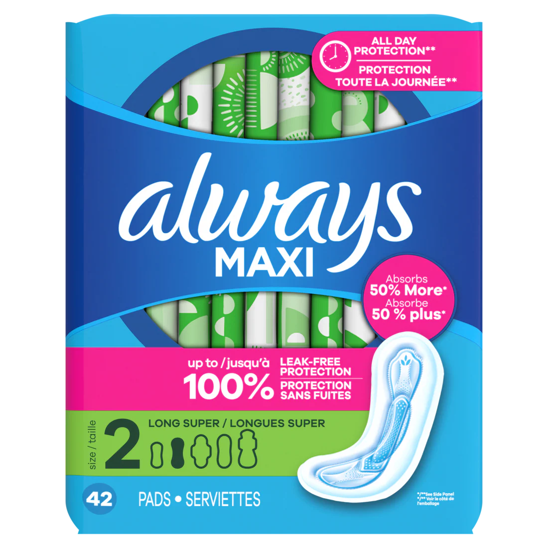 Always Maxi Feminine Pads Without Wings For Women Size 2 Long Super Absorbency Unscented - 42ct/6pk