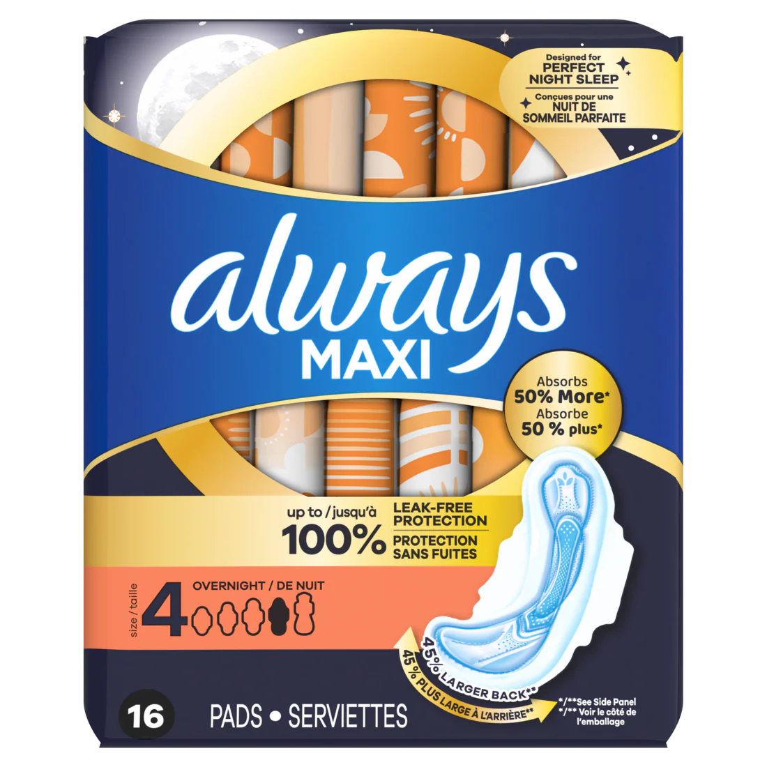 Always Maxi Overnight Pads With Wings For Women Size 4 Overnight Absorbency Unscented - 16ct/3pk