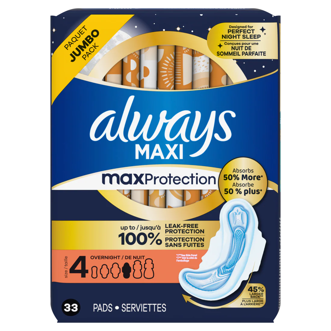 Always Maxi Overnight Pads With Wings For Women Size 4 Overnight Absorbency Unscented - 33ct/6pk