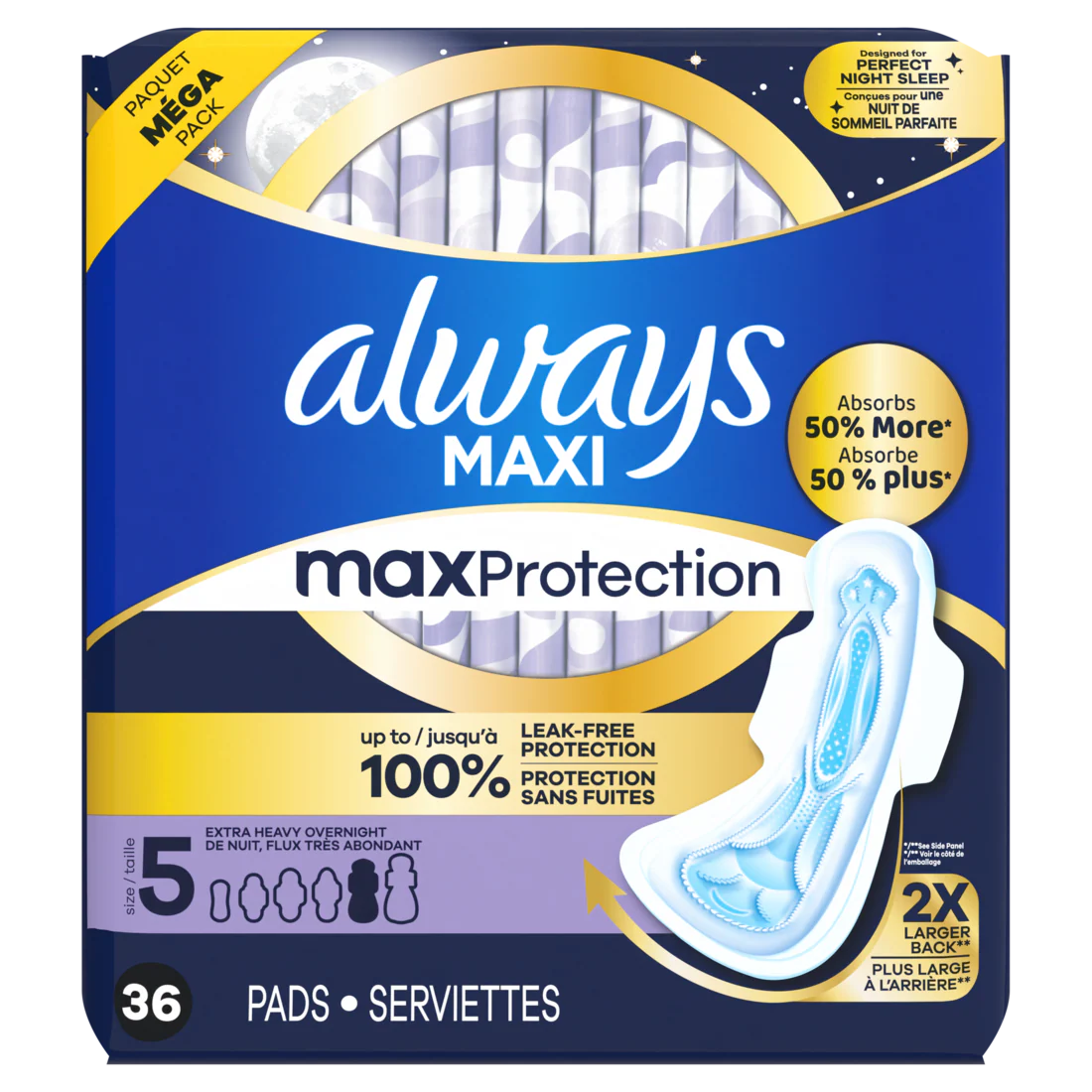 Always Maxi Overnight Pads With Wings For Women Size 5 Extra Heavy Overnight Absorbency Unscented - 36ct/3pk
