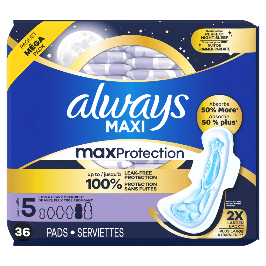 Always Maxi Overnight Pads With Wings For Women Size 5 Extra Heavy Overnight Absorbency Unscented - 36ct/3pk - Image 2