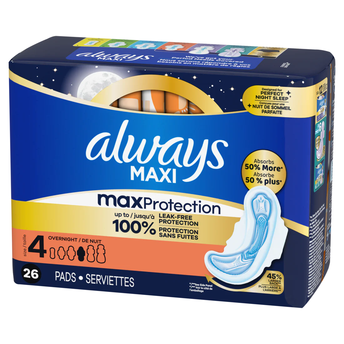Always Maxi Overnight Pads With Wings For Women Size 4 Overnight Absorbency Unscented - 26ct/6pk