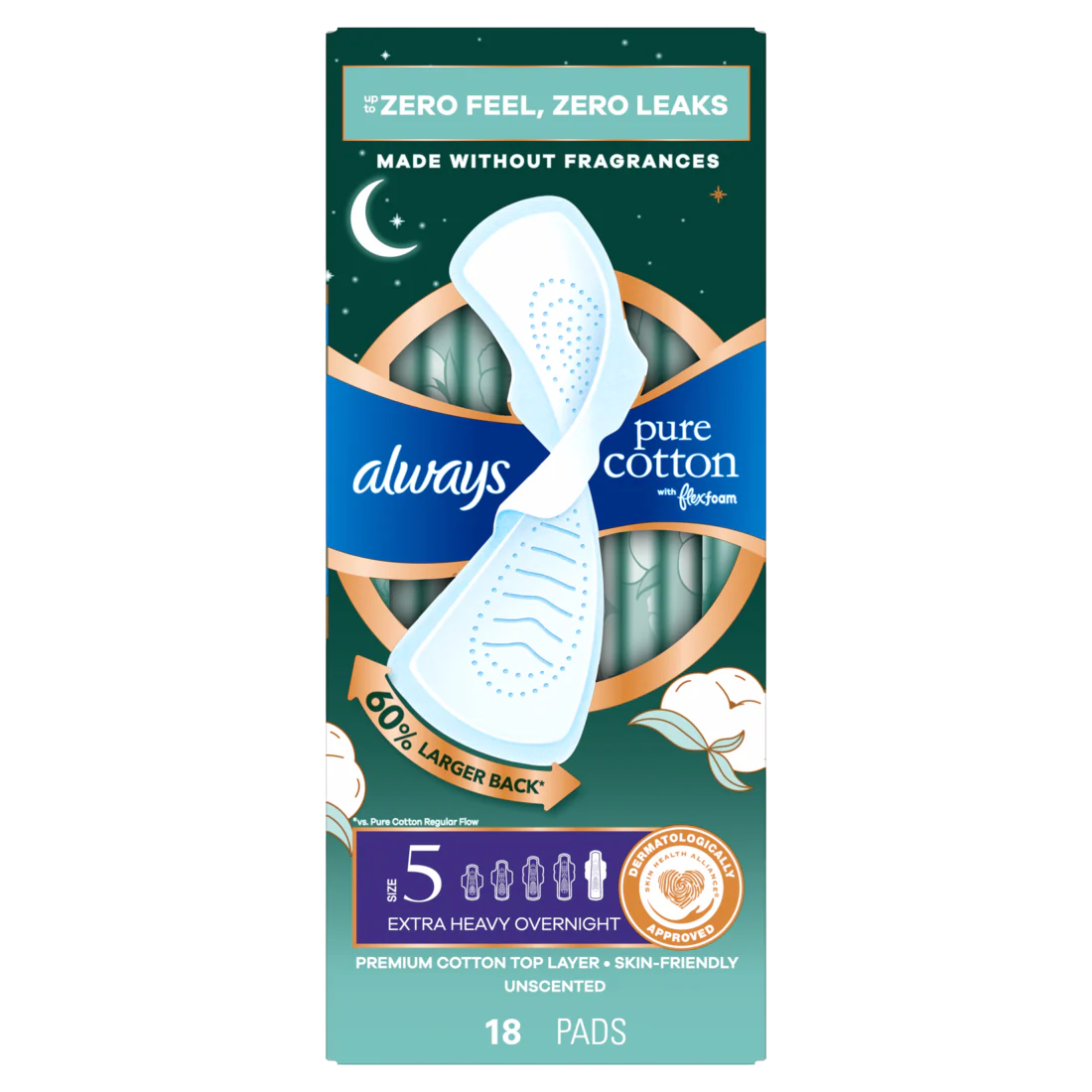 Always Pure Cotton With Flexfoam Pads Size 5 Extra Heavy Overnight With Wings Unscented - 18ct/3pk