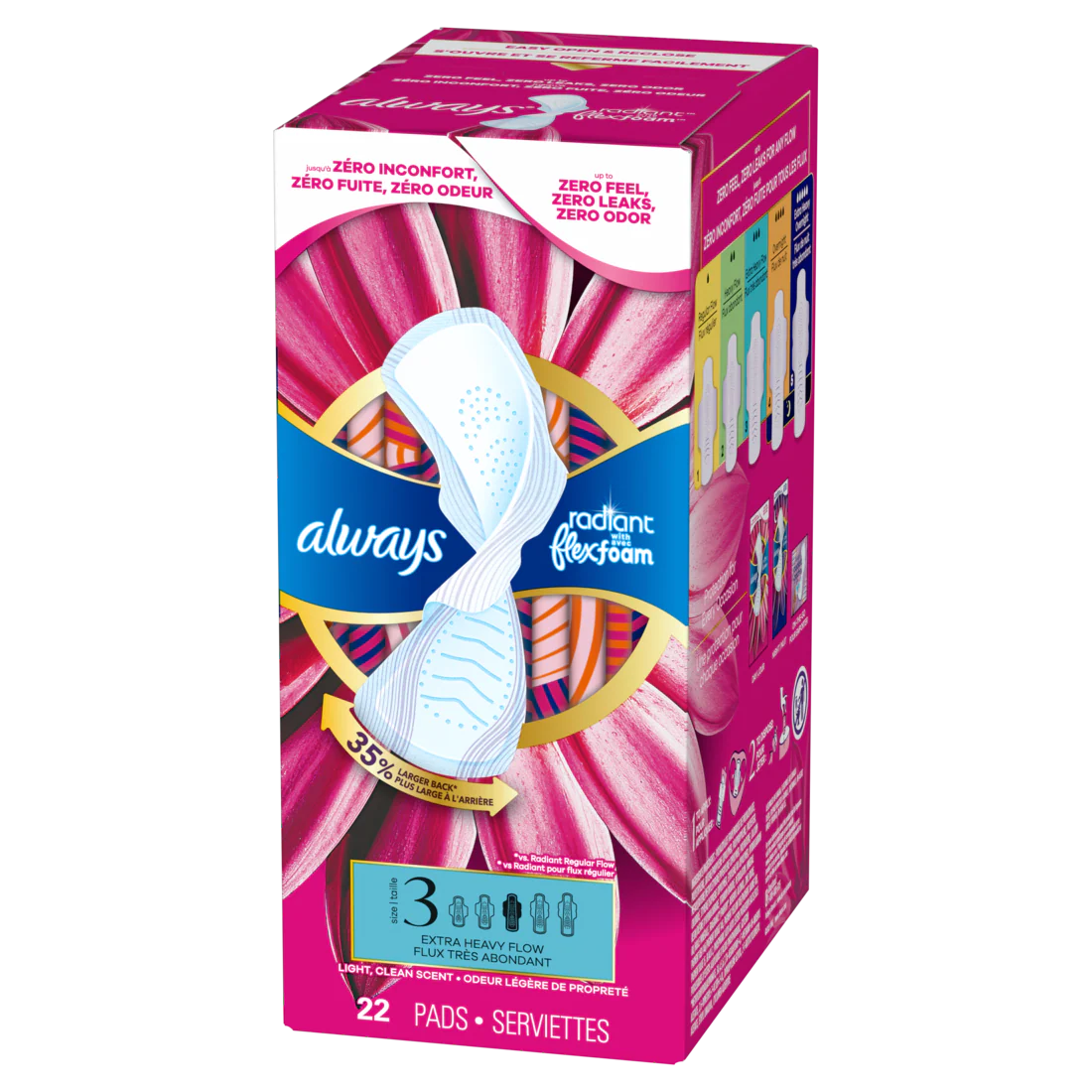 Always Radiant With Flexfoam Pads Size 3 Extra Heavy With Wings Light Clean Scent - 22ct/3pk
