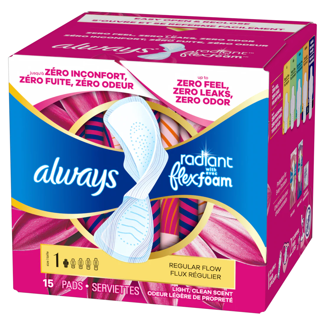 Always Radiant With Flexfoam Pads Size 1 Regular With Wings Light Clean Scent - 15ct/12pk