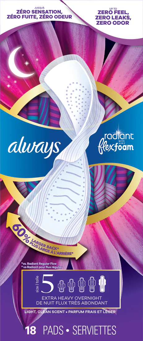 Always Radiant With Flexfoam Pads Size 5 Extra Heavy Overnight With Wings Light Clean Scent - 18ct/3pk