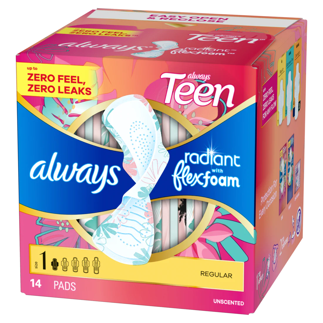Always Radiant Teen With Flexfoam Pads Size 1 Regular With Wings Unscented - 14ct/12pk