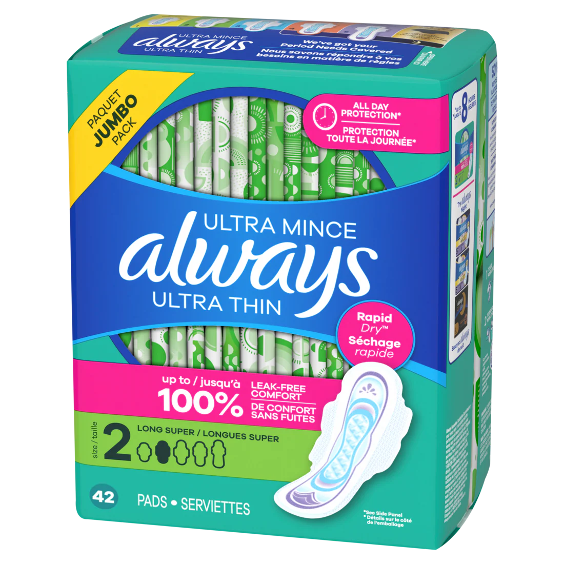 Always Ultra Thin Feminine Pads With Wings For Women Size 2 Long Super Absorbency Unscented - 42ct/6pk