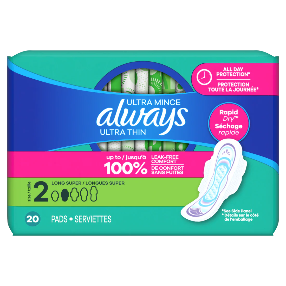 Always Ultra Thin Feminine Pads With Wings For Women Size 2 Long Super Absorbency Unscented - 20ct/6pk