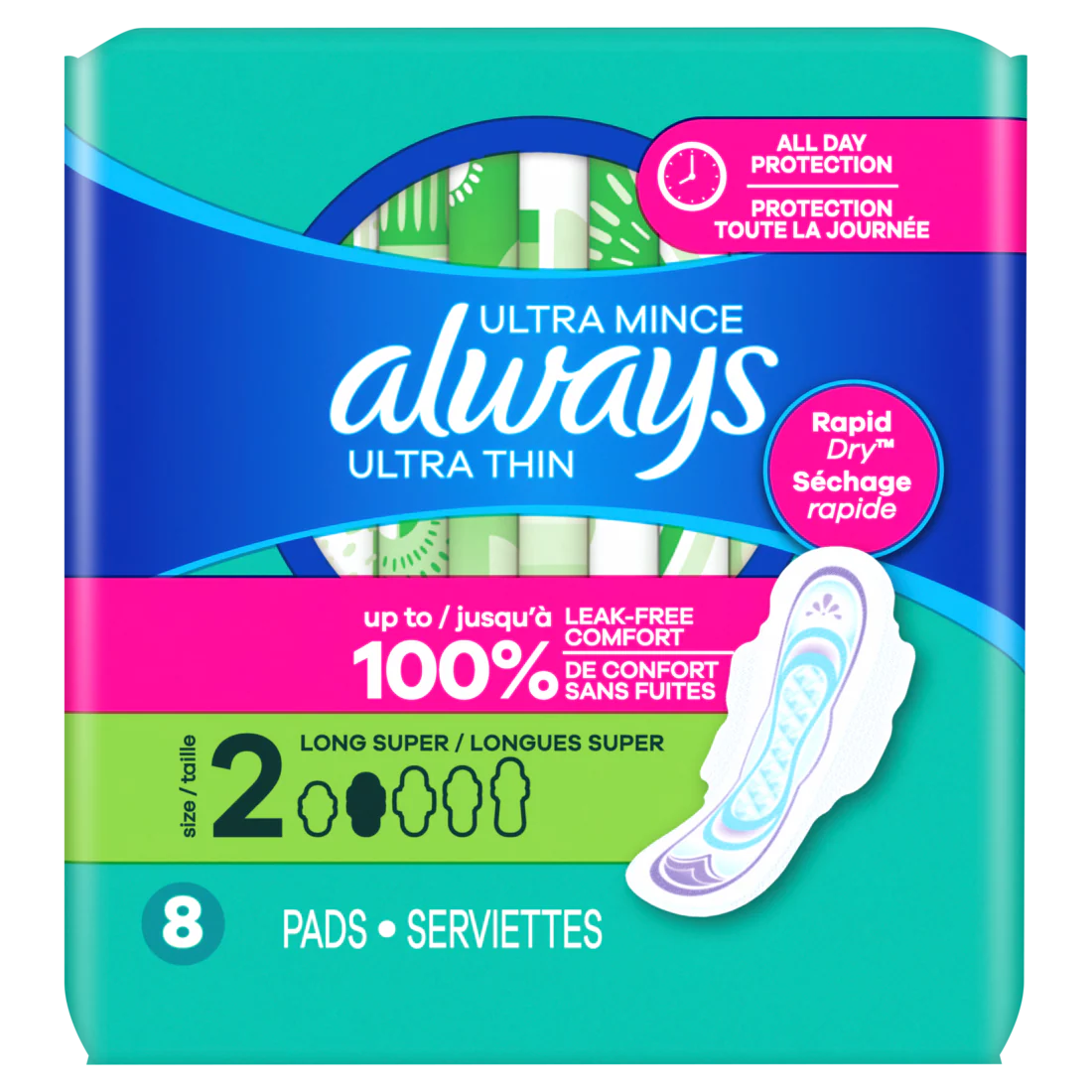 Always Ultra Thin Feminine Pads With Wings For Women Size 2 Long Super Absorbency Unscented - 8ct/8pk
