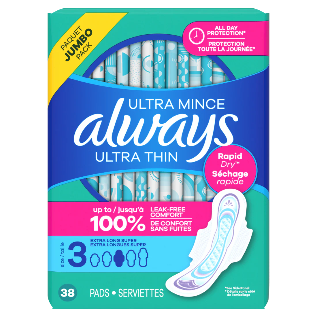 Always Ultra Thin Feminine Pads With Wings For Women Size 3 Extra Long Super Absorbency Unscented - 38ct/3pk