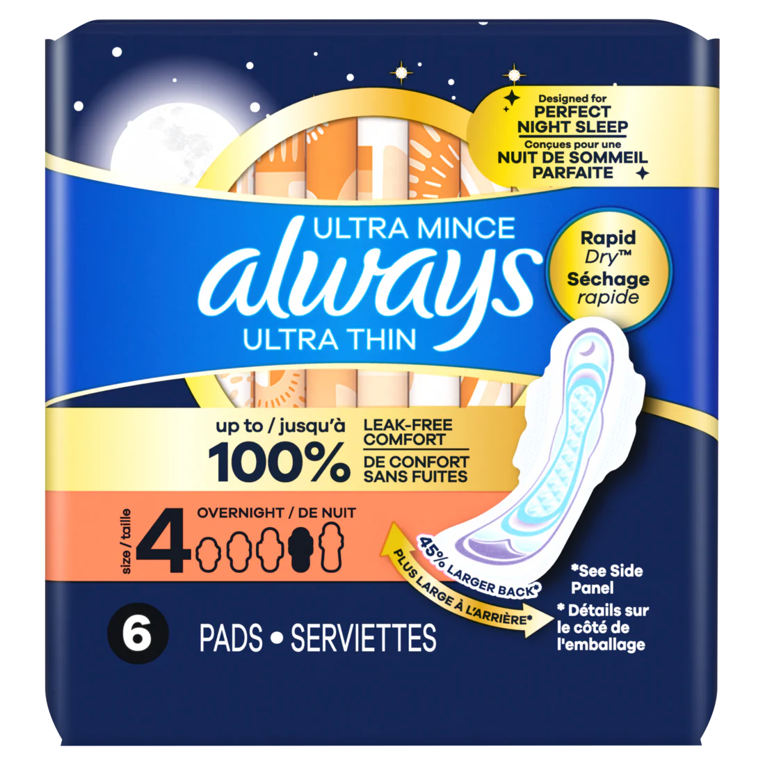 Always Ultra Thin Feminine Pads With Wings For Women Size 4 Overnight Absorbency Unscented - 6ct/8pk