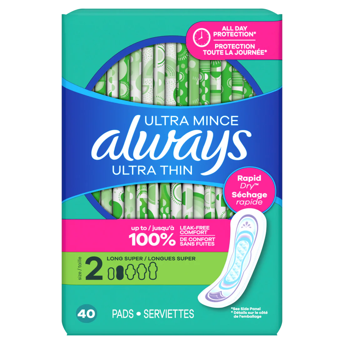 Always Ultra Thin Feminine Pads Without Wings For Women Size 2 Long Super Absorbency Unscented - 40ct/6pk
