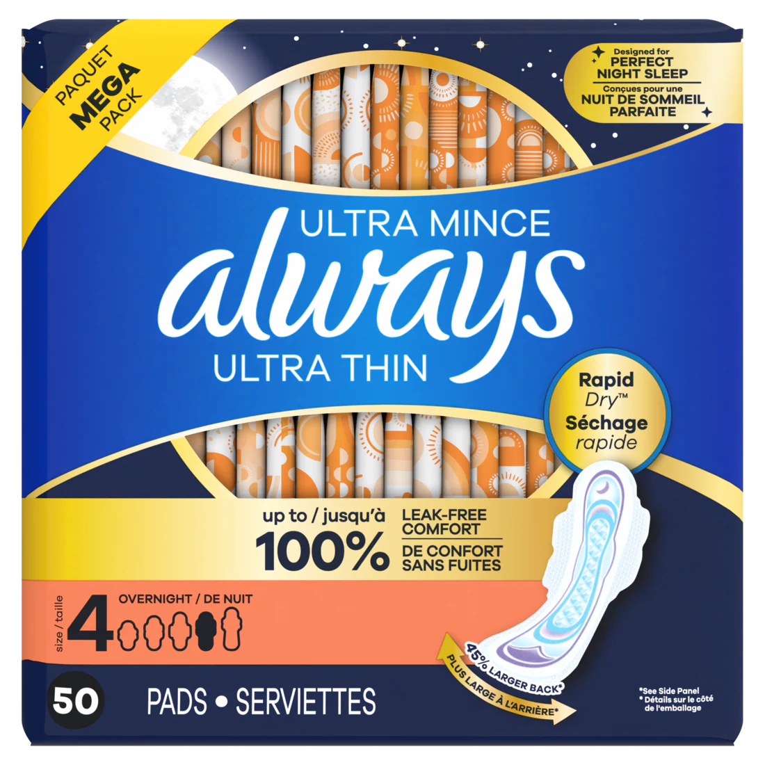 Always Ultra Thin Feminine Pads With Wings For Women Size 4 Overnight Absorbency Unscented - 50ct/3pk
