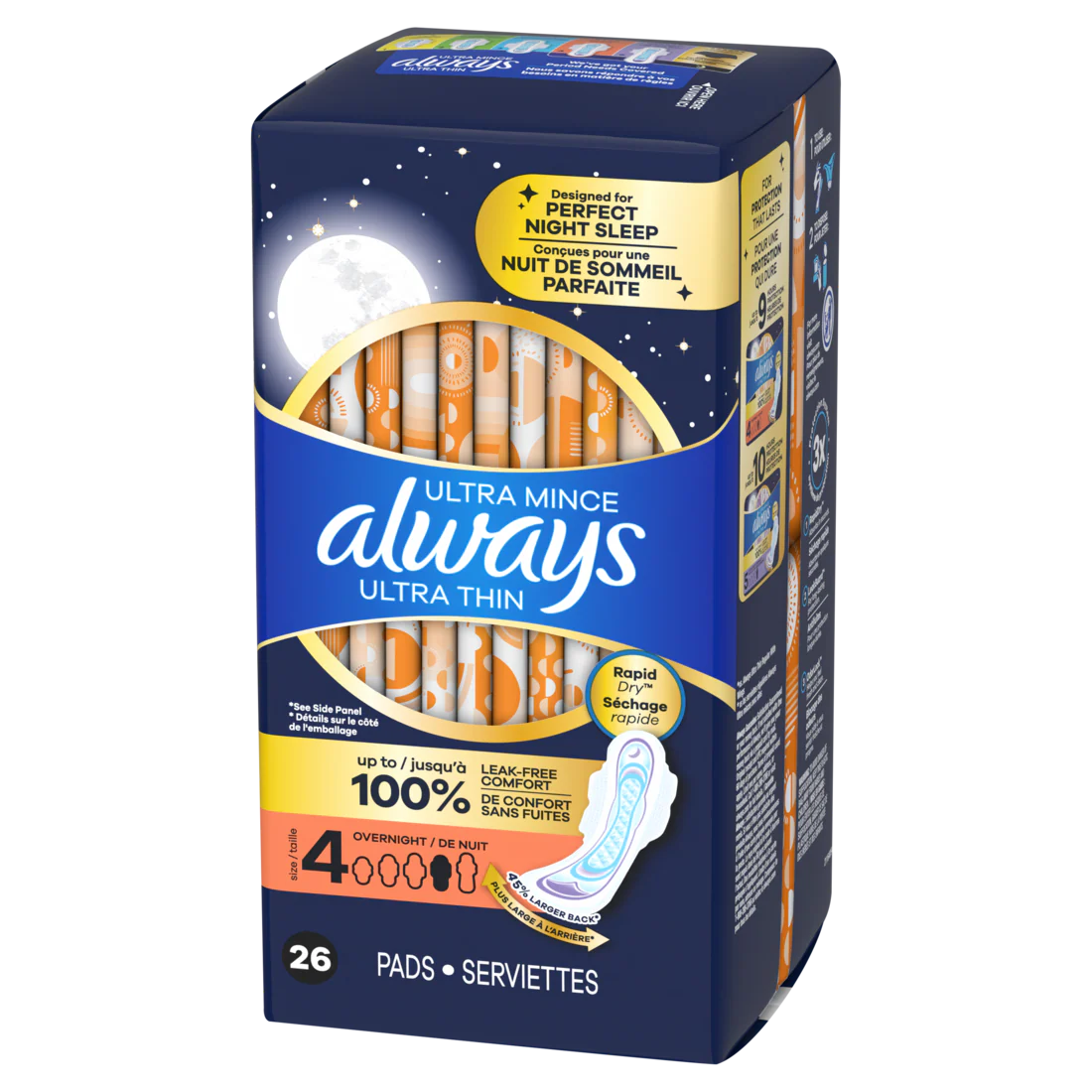 Always Ultra Thin Feminine Pads With Wings For Women Size 4 Overnight Absorbency Unscented - 26ct/3pk
