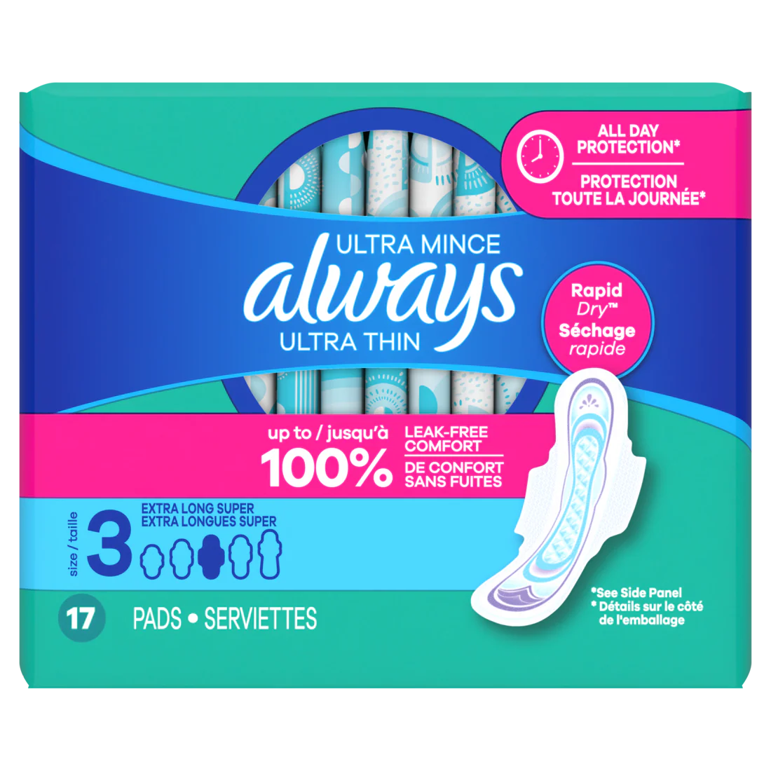 Always Ultra Thin Feminine Pads With Wings For Women Size 3 Extra Long Super Absorbency Unscented - 17ct/6pk