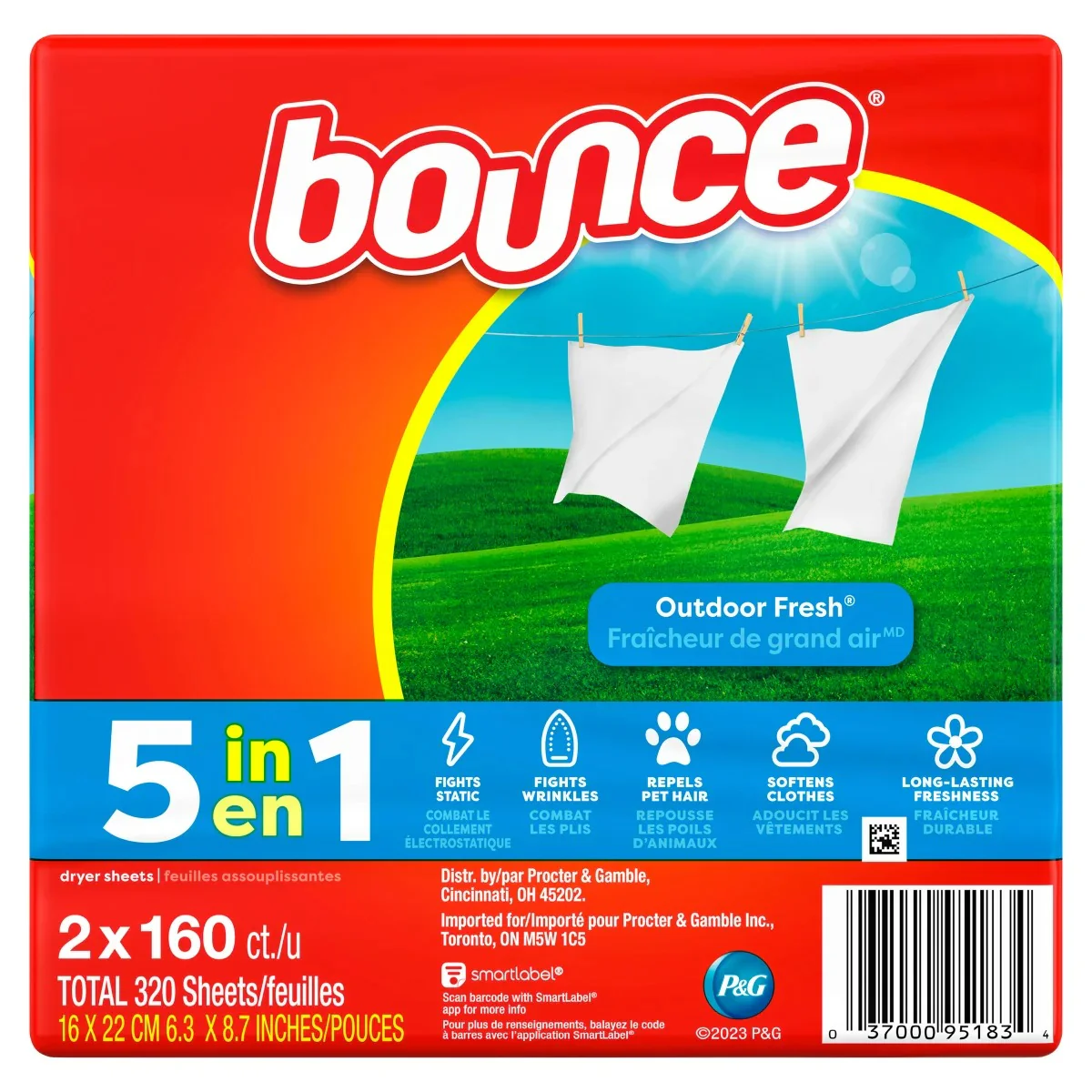 Bounce Dryer Sheets Outdoor Fresh Scent - (2x160)ct/1pk