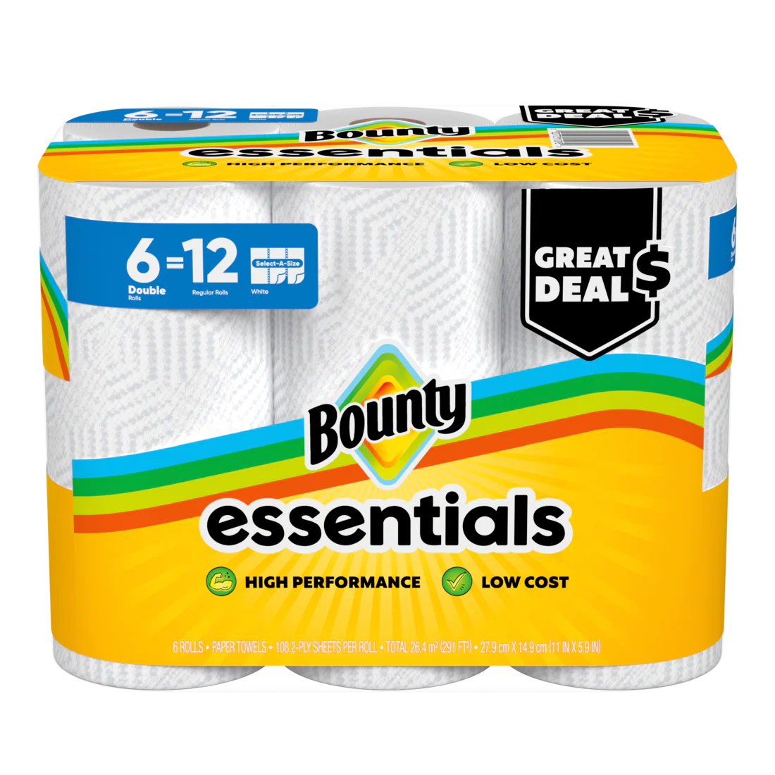 Bounty Paper Towels Essentials Select-A-Size 6 Double Rolls White 108 Sheets Per Roll - 6ct/1pk