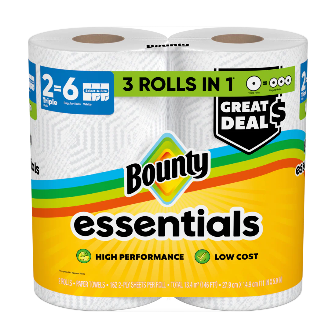 Bounty Paper Towels Essentials Select-A-Size 2 Triple Rolls White 162 Sheets Per Roll - 2ct/6pk