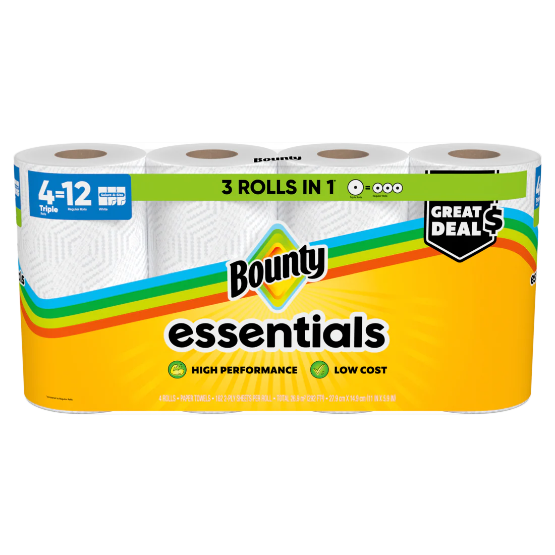 Bounty Paper Towels Essentials Select-A-Size 4 Triple Rolls White 162 Sheets Per Roll - 4ct/6pk