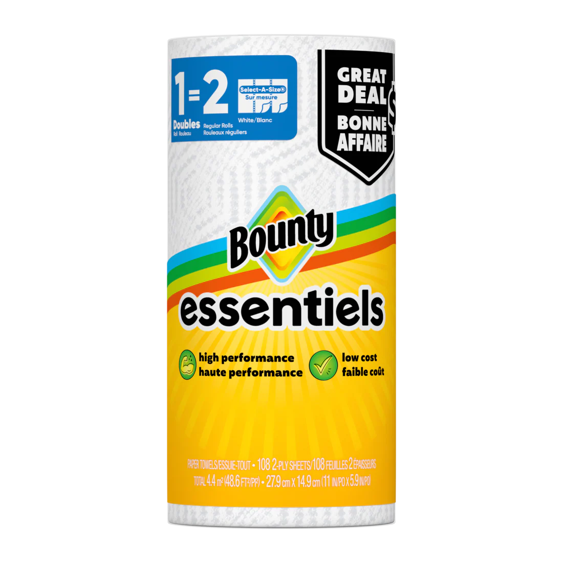 Bounty Paper Towels Essentials Select-A-Size 1 Double Roll White 108 Sheets Per Roll - 1ct/24pk