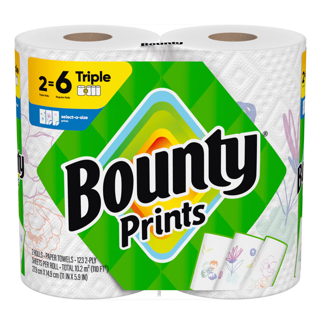 Bounty Paper Towels Select-A-Size Print 2 Triple Rolls 123 Sheets Per Roll - 2ct/6pk