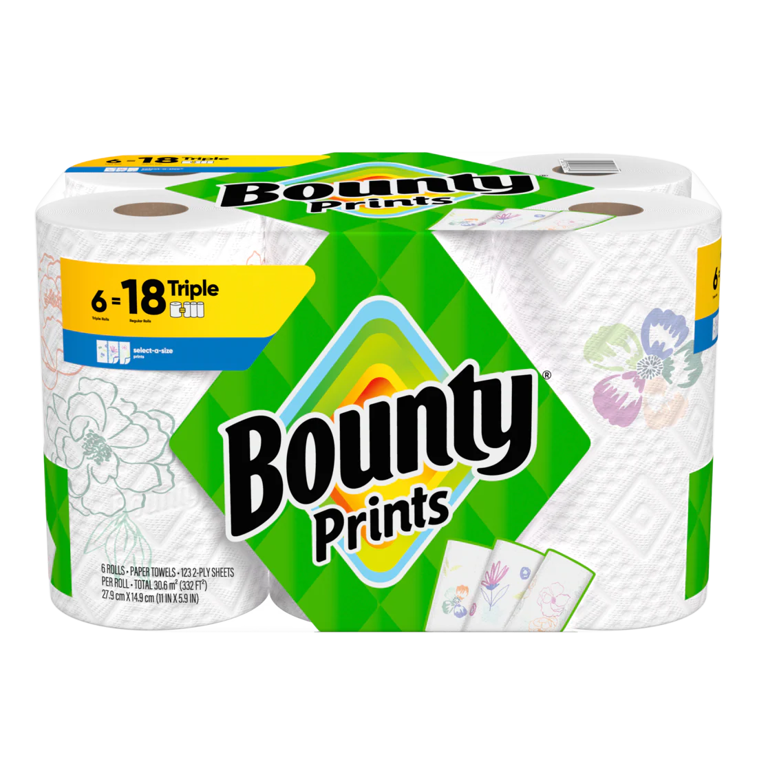 Bounty Paper Towels Select-A-Size Print 6 Triple Rolls 123 Sheets Per Roll - 6ct/1pk