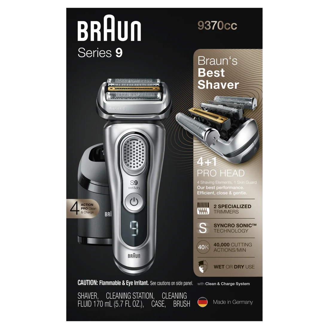 Braun Series 9 9370cc Rechargeable Wet & Dry Men's Electric Shaver with Clean & Charge Station - 1box/2pk