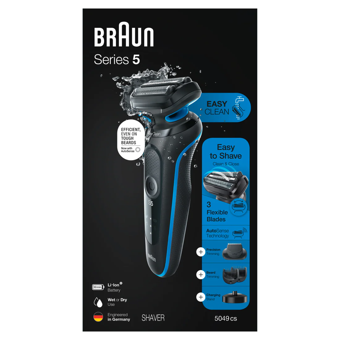 Braun Series 5 5049cs Electric Shaver with Charging Stand Beard Trimmer Wet & Dry Rechargeable Cordless Foil Shaver Blue - 1box/2pk