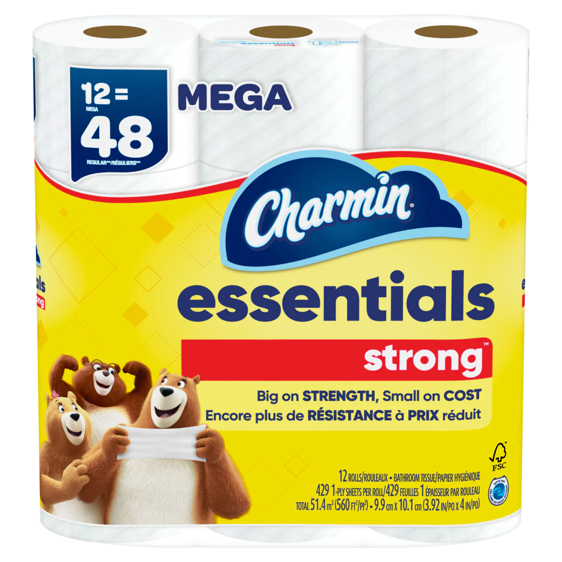 Charmin Essentials Strong Toilet Paper 12 Mega Rolls 429 Sheets Per Roll - 12ct/4pk
