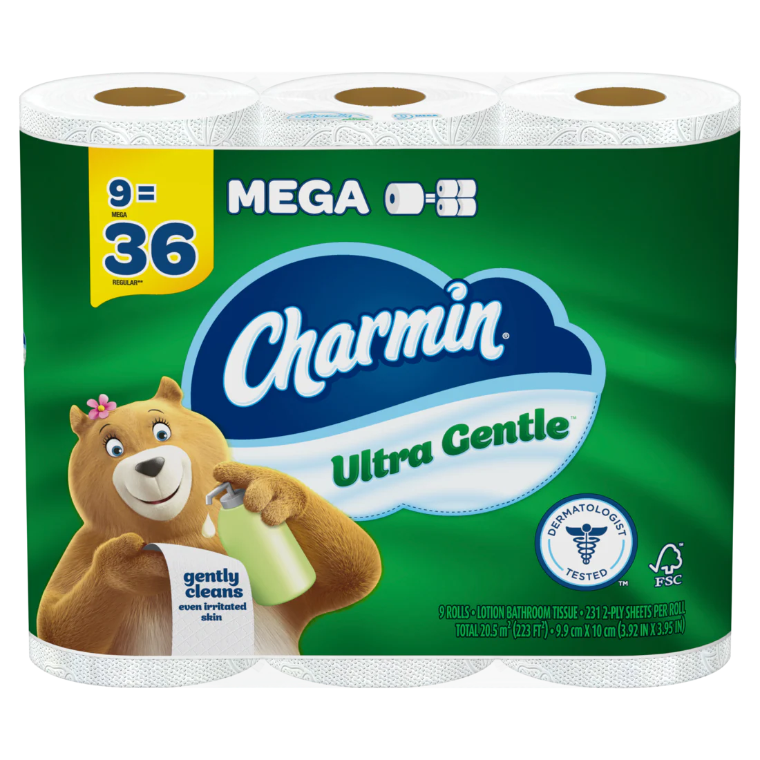 Charmin Toilet Paper Ultra Gentle 9 Mega Rolls 2-Ply Bath Tissue 231 Sheets Per Roll - 9ct/4pk