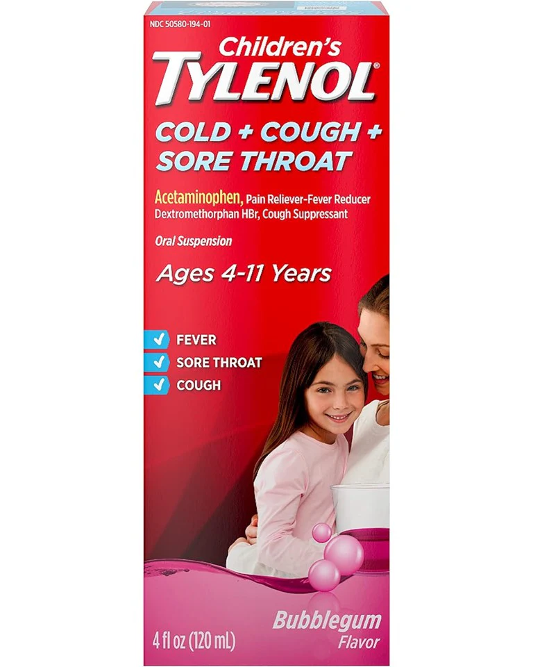Children's Tylenol Pain Reliever Fever Reducer Ages 4-11 Cold + Cough + Sore Throat Bubblegum Flavor - 4oz/3pk