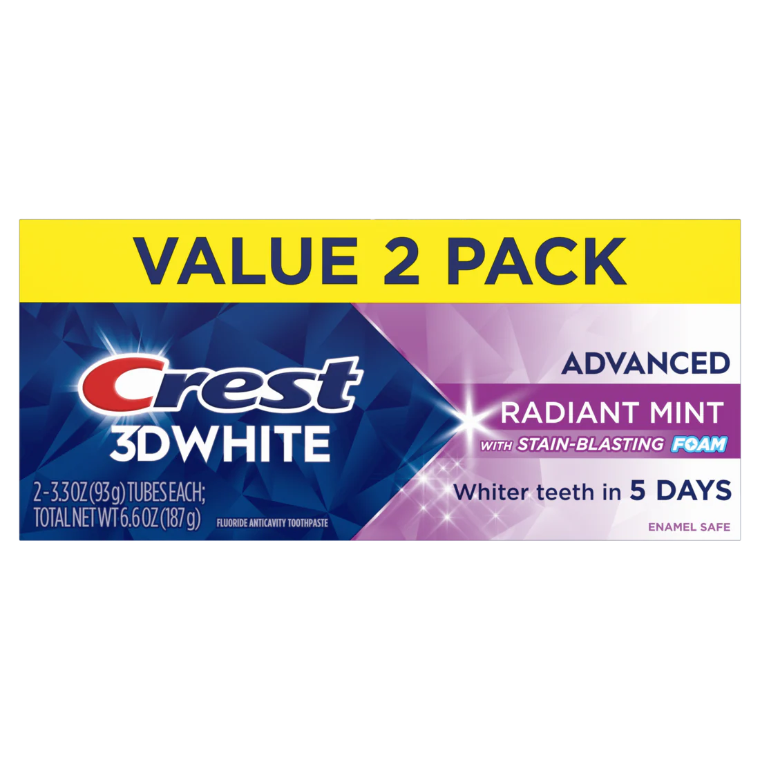 Crest Toothpaste 3Dwhite Advanced Teeth Whitening Radiant Mint Pack Of 2 - (2x3.3)oz/6pk