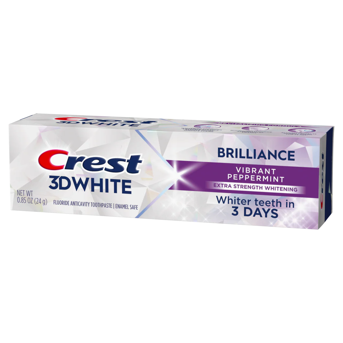 Crest 3D White Brilliance Vibrant Peppermint Teeth Whitening Toothpaste Whiter Teeth In 3 Days Anticavity Fluoride Toothpaste 100% More Surface Stain Removal 24 Hour Active Stain Prevention - 0.85oz/72pk
