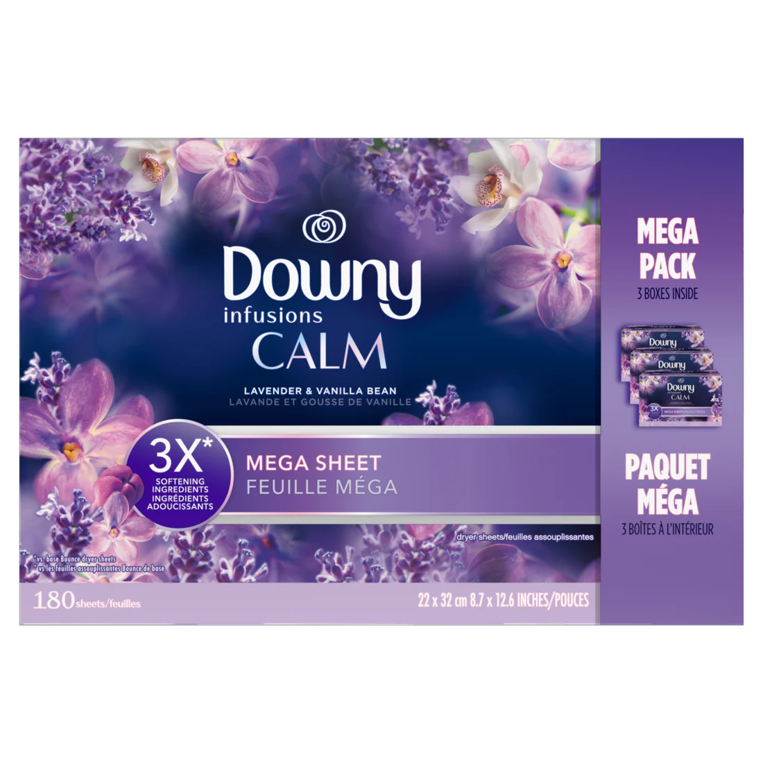 Downy Calm Mega Dryer Sheets Laundry Fabric Softener Lavender And Vanilla Bean - 180ct/3pk