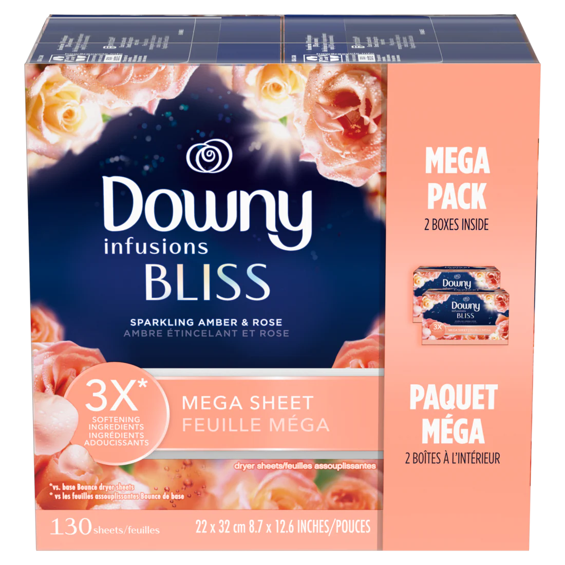 Downy Infusions Mega Dryer Sheets Laundry Fabric Softener Bliss Amber And Rose - 130ct/3pk