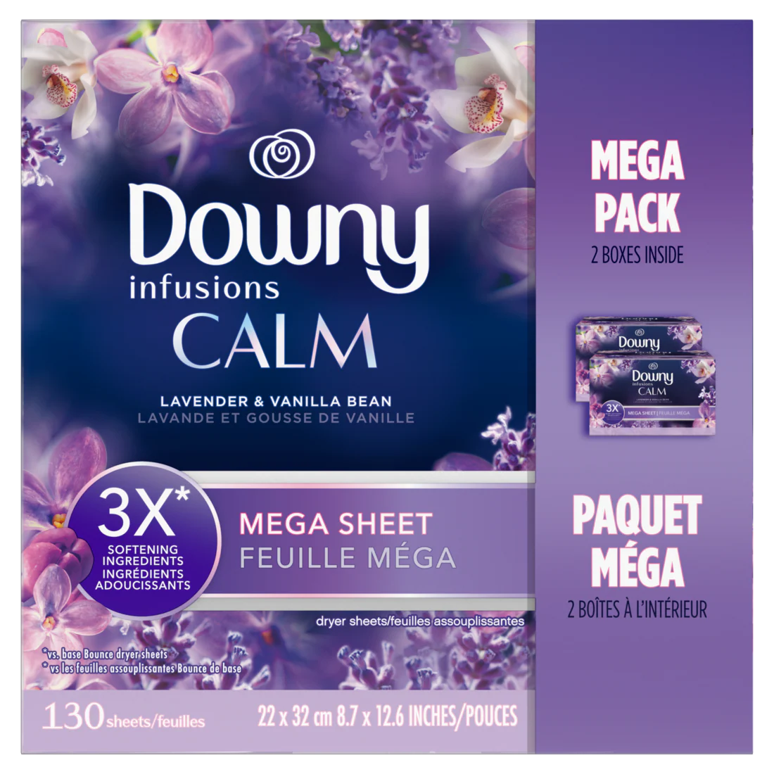 Downy Calm Mega Dryer Sheets Laundry Fabric Softener Lavender And Vanilla Bean - 130ct/3pk
