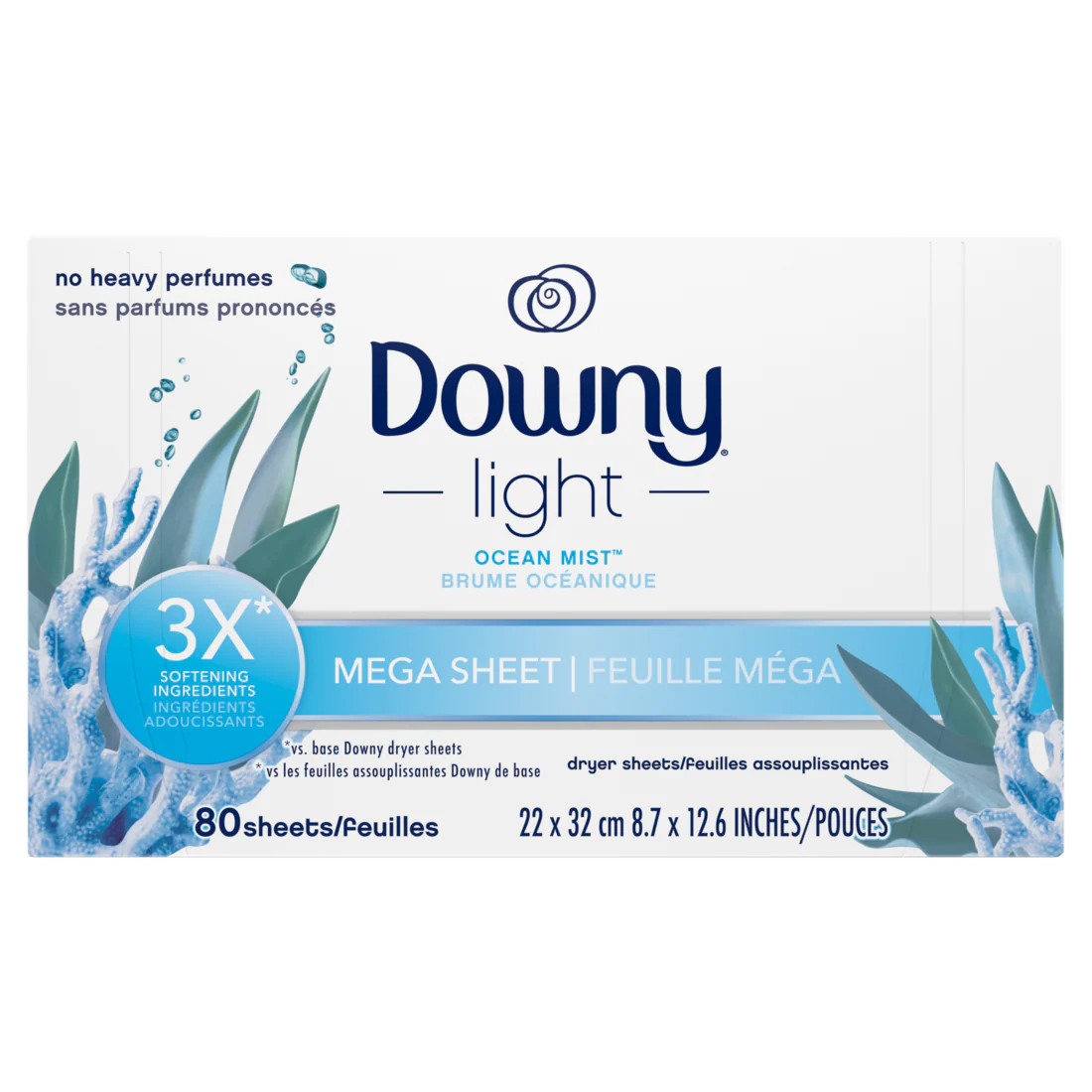 Downy Light Mega Dryer Sheets Fabric Softener Dryer Sheets Ocean Mist - 80ct/4pk