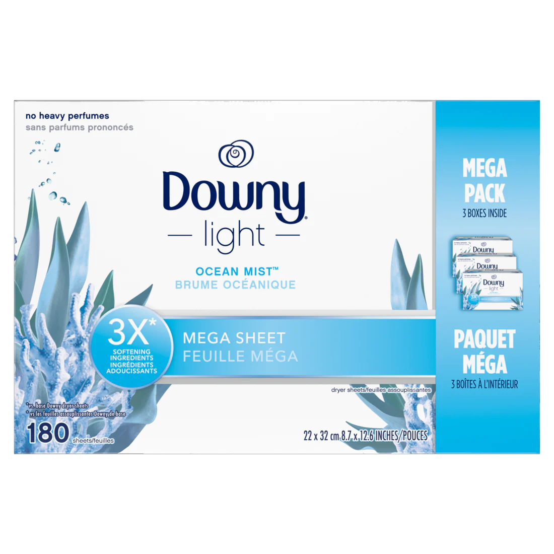 Downy Light Mega Dryer Sheets Laundry Fabric Softener Ocean Mist - 180ct/3pk