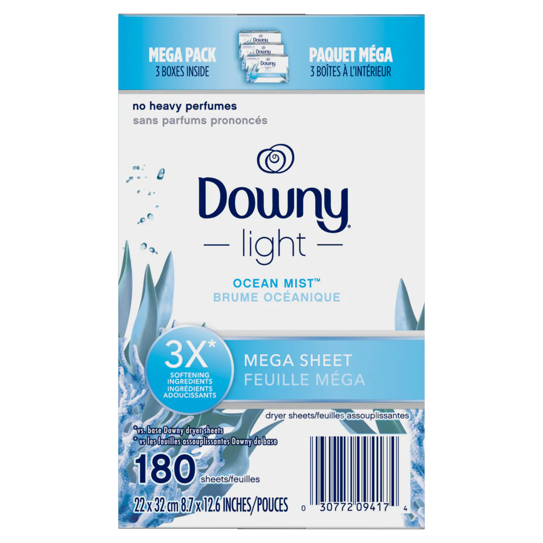 Downy Light Mega Dryer Sheets Laundry Fabric Softener Ocean Mist - 180ct/3pk - Image 2