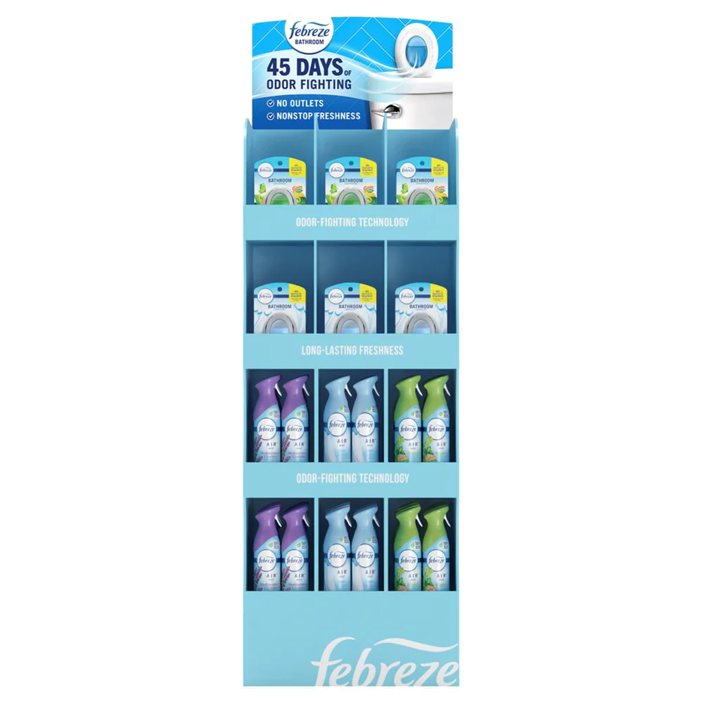 Febreze Air & Bathroom Freshener Display (9x0.25oz Linen & Sky Bath; 9x0.25oz Gain Original Bath; 12x8.1oz Gain Original Air; 12x8.1oz Linen & Sky Air; 12x8.1oz Twilight Lavender Air) - (0.25-8.1)oz/54pk