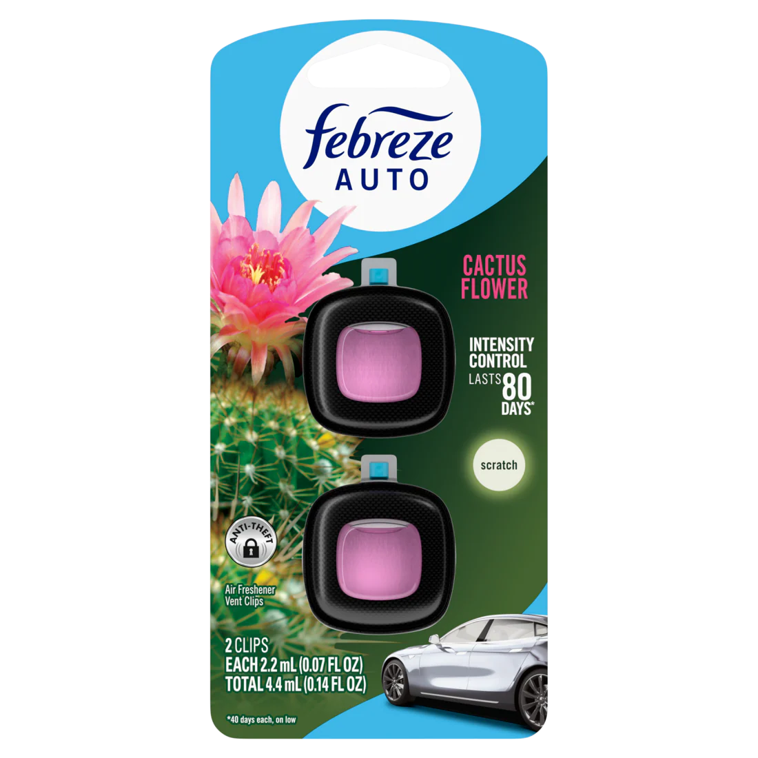 Febreze Auto Air Freshener Odor-Fighting Automotive Vent Clip Cactus Flower Scent - (2x0.07)oz/8pk